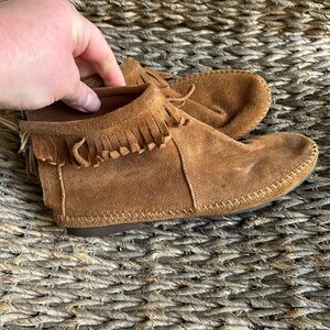 Brown Suede Moccasin Boots with Fringe Minnetonka